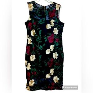 Calvin Klein Black Embroidered Floral Illusion Sheath Dress Size Women's 14